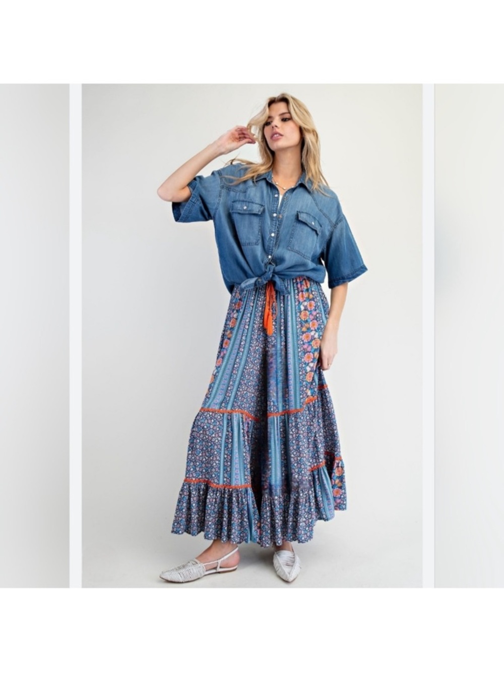 easel Blue Floral Patchwork Wide leg boho pants with Orange Trim NWOT
